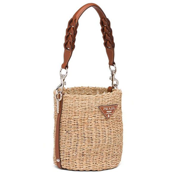 プラダキャバンヌ ラフィアxレザー バケットバッグ偽物1BE052_2DJD_F0A5T_V_OOO